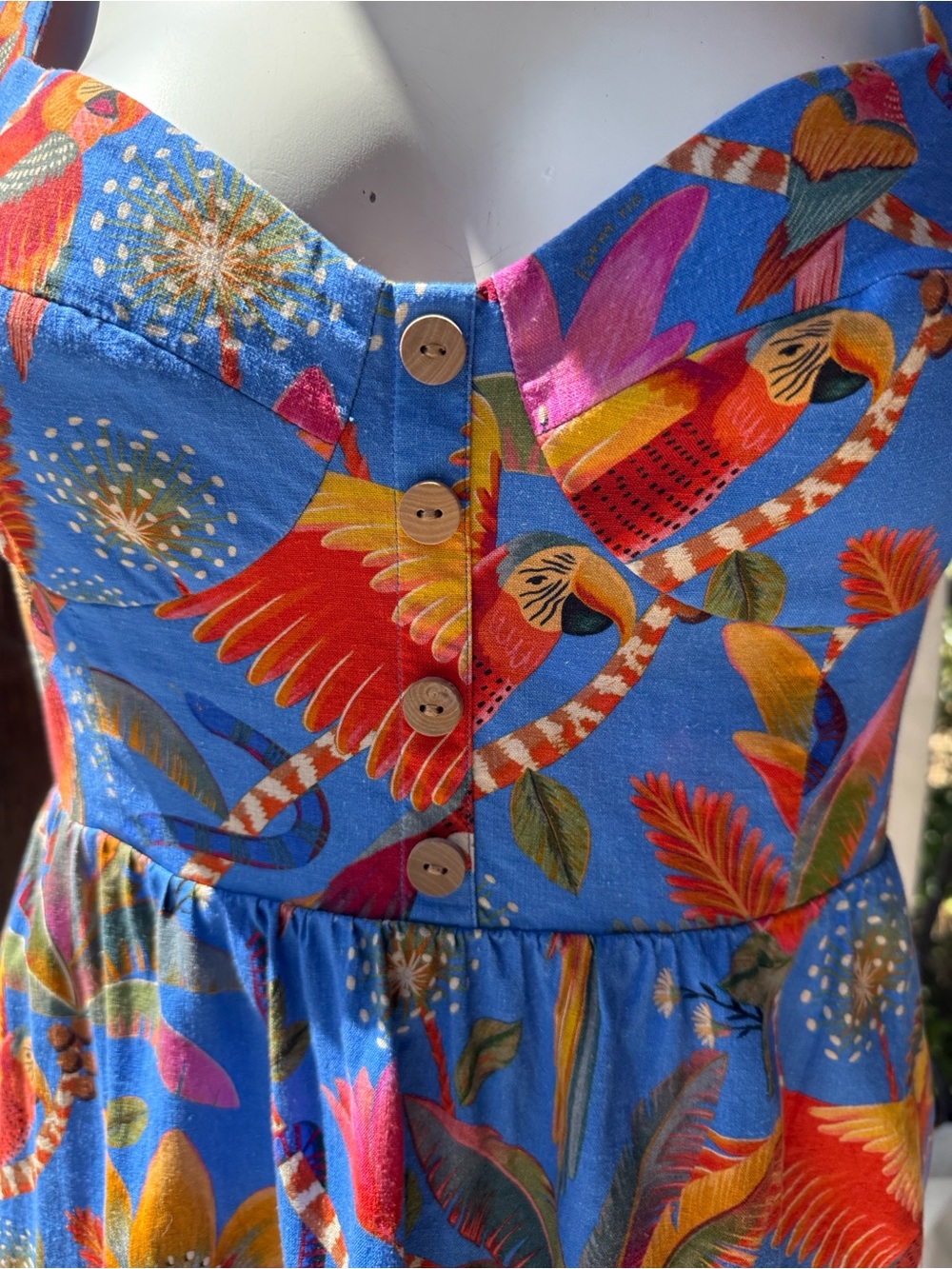 Farm Rio dress mini Blue pockets Tropical parrots Sundress linen-Ruffle hem - XL - Picture 3 of 17
